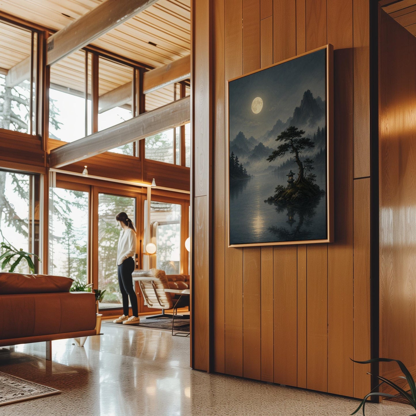 Moonlit lake with a stone lantern on a small island, canvas wall art hanging in a calm, modern living space