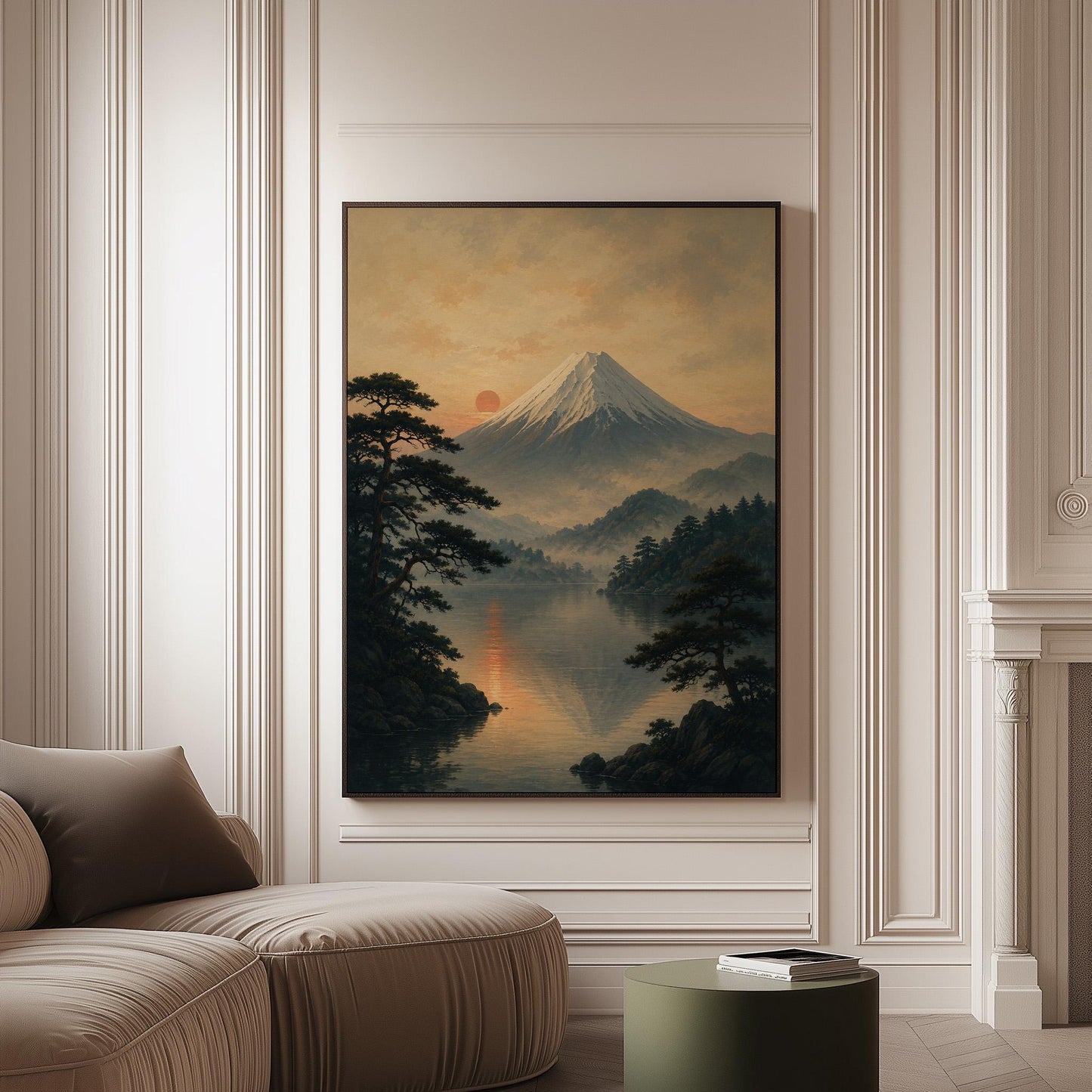 Snow-capped Mount Fuji at sunrise over a still lake, canvas print on a softly lit wall in a calm interior