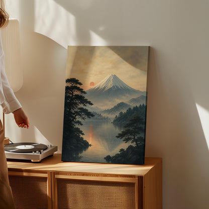 Snow-capped Mount Fuji at sunrise over a still lake, canvas print seen in a warm interior with natural light