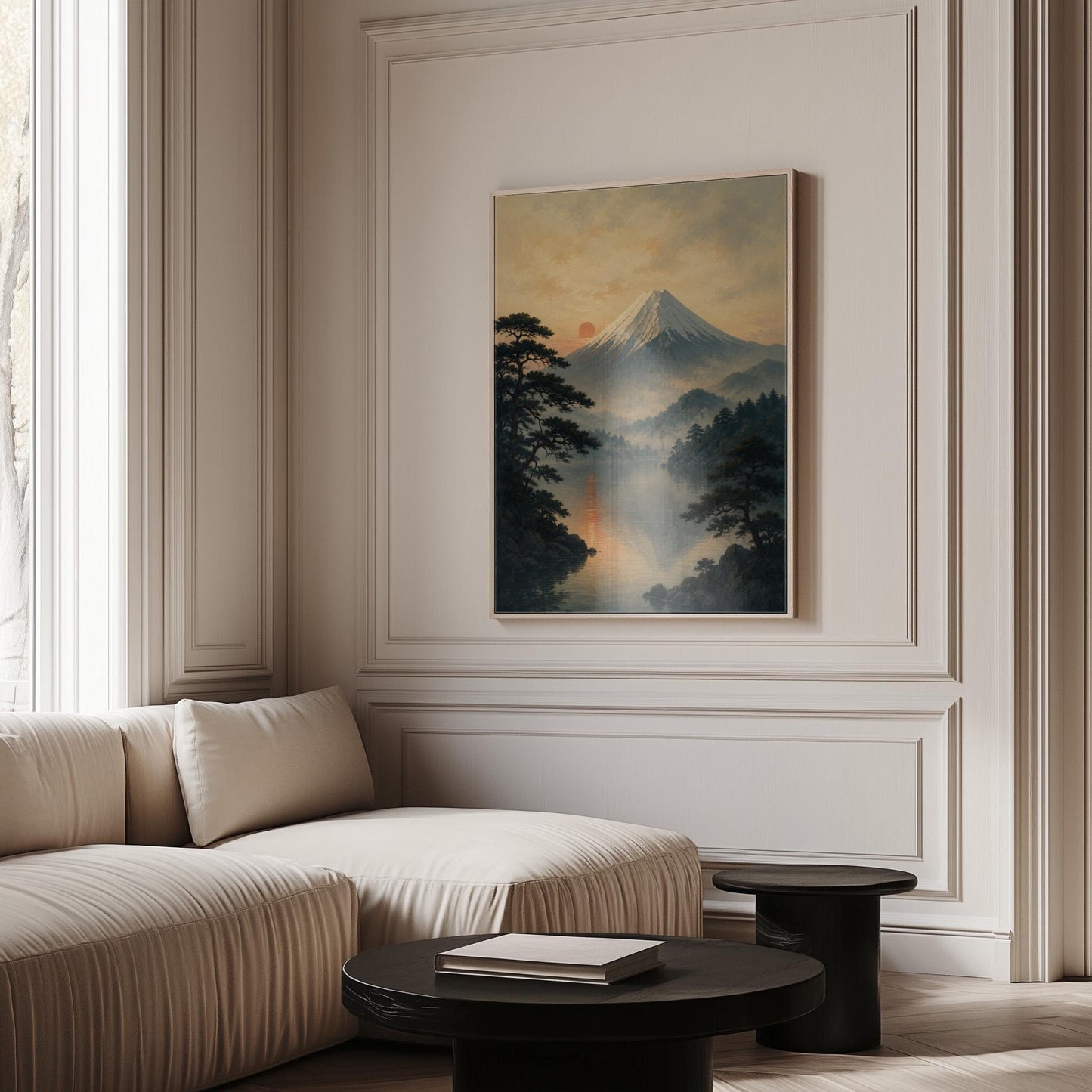 Snow-capped Mount Fuji at sunrise over a still lake, canvas print presented in a light, minimal room