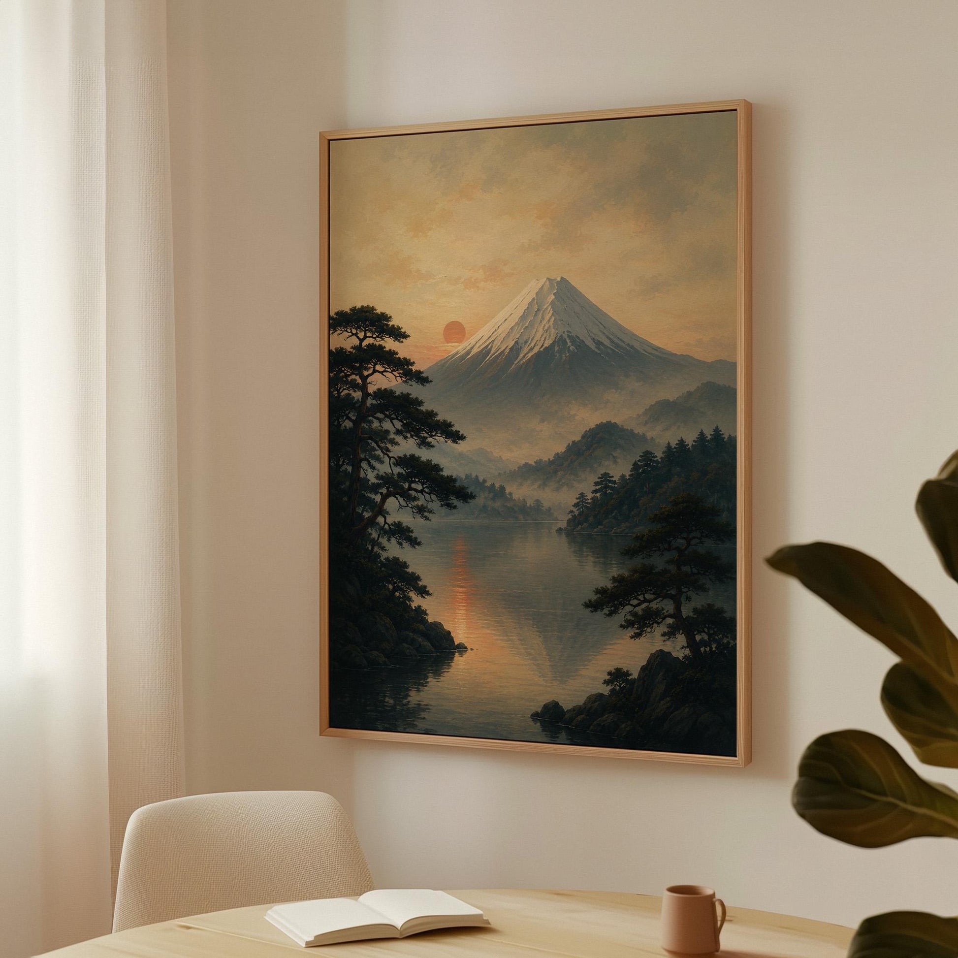Snow-capped Mount Fuji at sunrise over a still lake, canvas print on a quiet wall in a considered interior