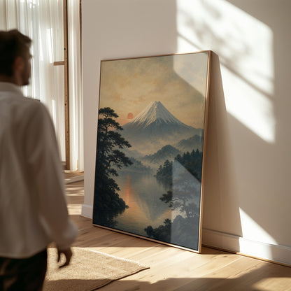 Snow-capped Mount Fuji at sunrise over a still lake, canvas print displayed on a neutral wall in a styled interior