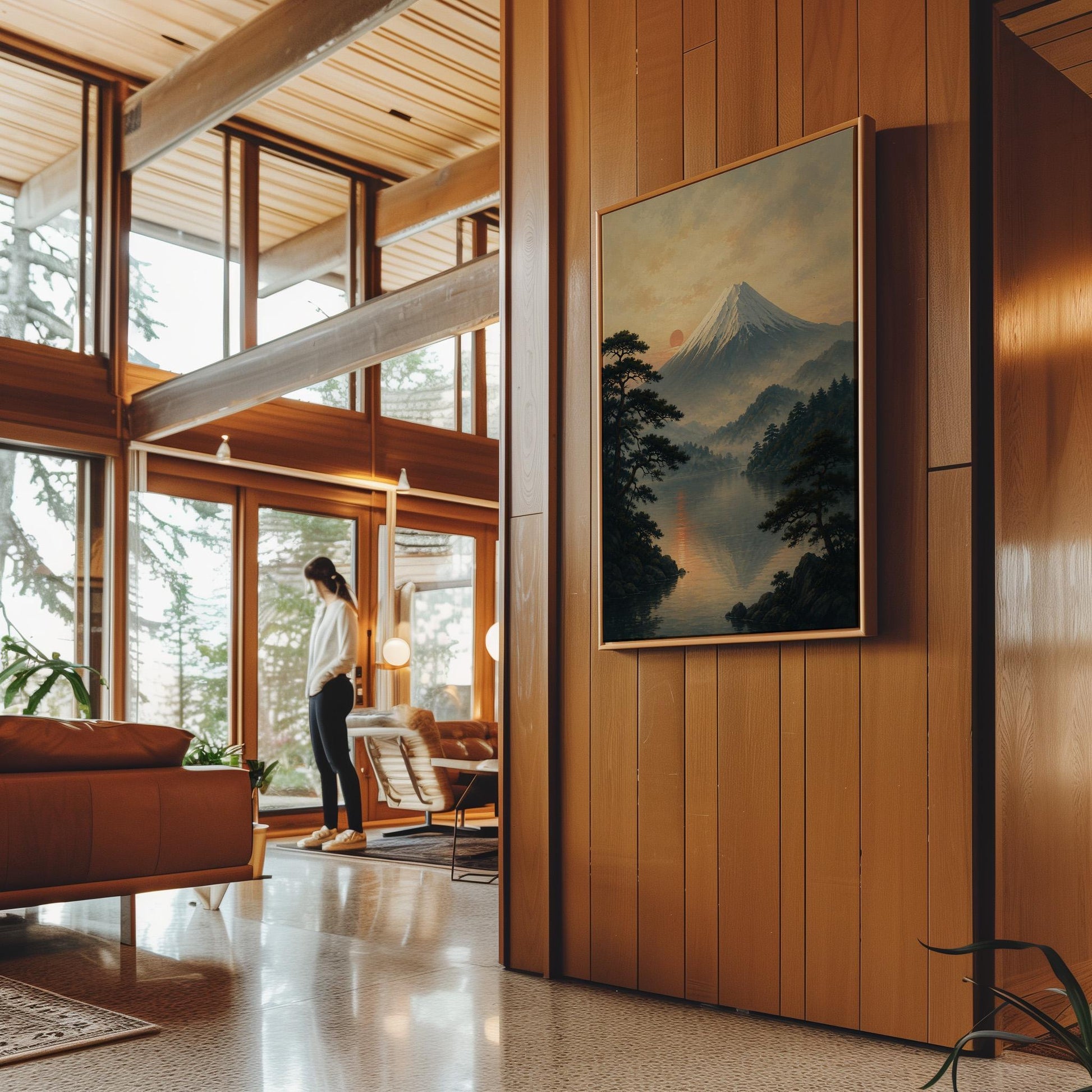 Snow-capped Mount Fuji at sunrise over a still lake, canvas print shown in a sunlit, contemporary room