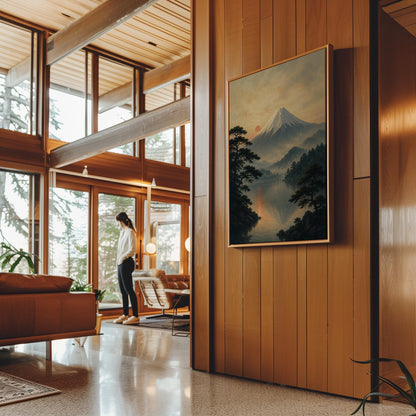 Snow-capped Mount Fuji at sunrise over a still lake, canvas print shown in a sunlit, contemporary room