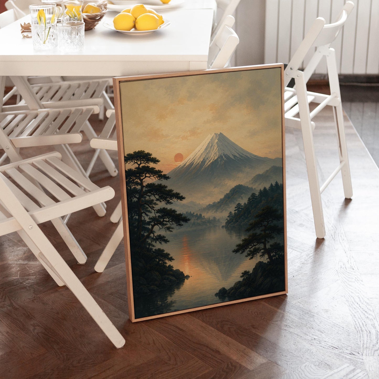 Snow-capped Mount Fuji at sunrise over a still lake, canvas wall art on a quiet wall in a considered interior