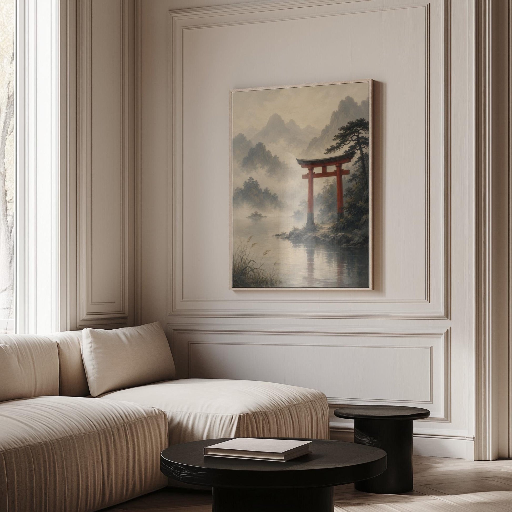 Red torii gate at the edge of a misty lake, canvas print seen in a warm interior with natural light