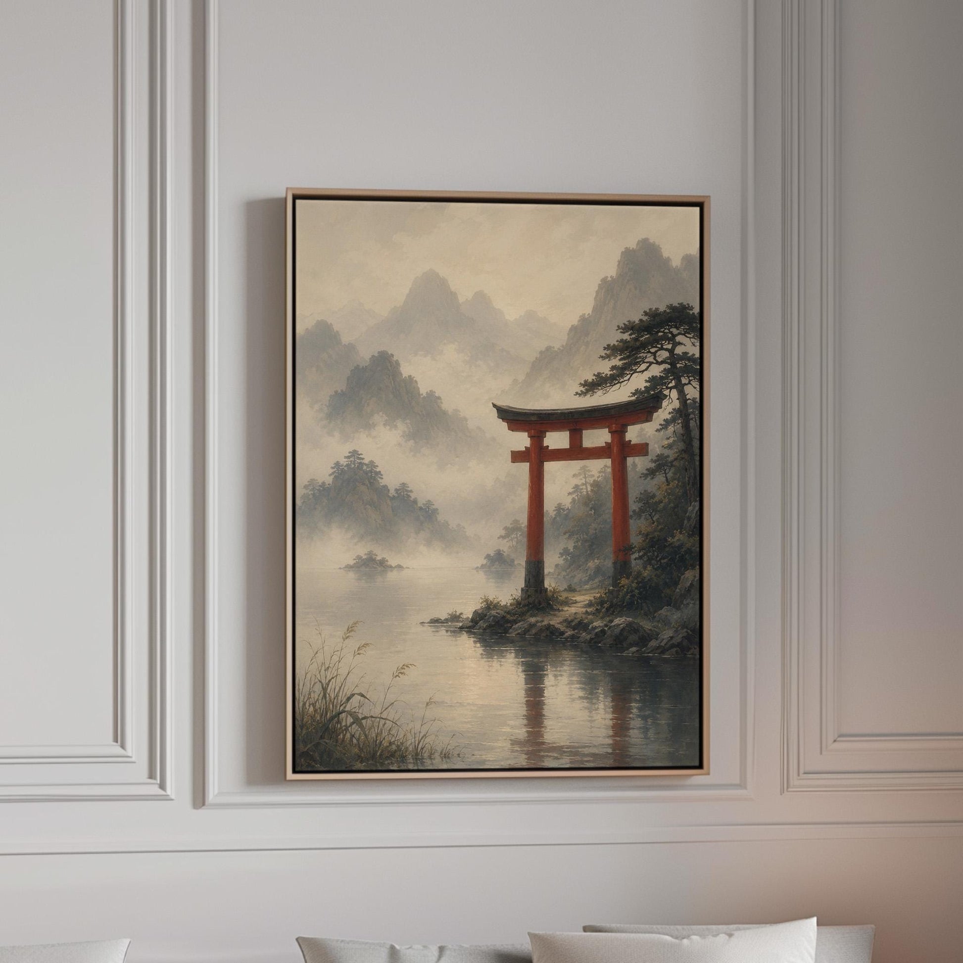 Red torii gate at the edge of a misty lake, canvas print in a bright room with natural daylight