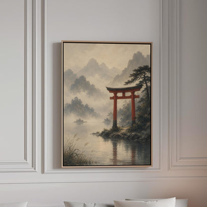 Red torii gate at the edge of a misty lake, canvas print in a bright room with natural daylight