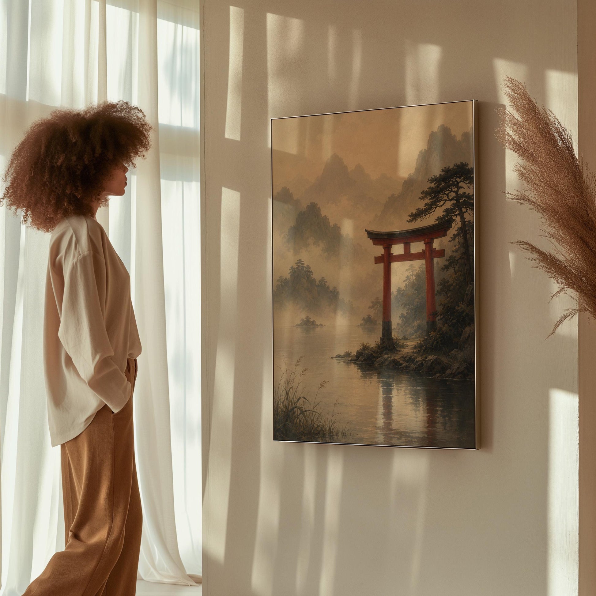Red torii gate at the edge of a misty lake, canvas print on a quiet wall in a considered interior