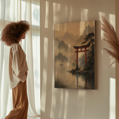 Red torii gate at the edge of a misty lake, canvas print on a quiet wall in a considered interior