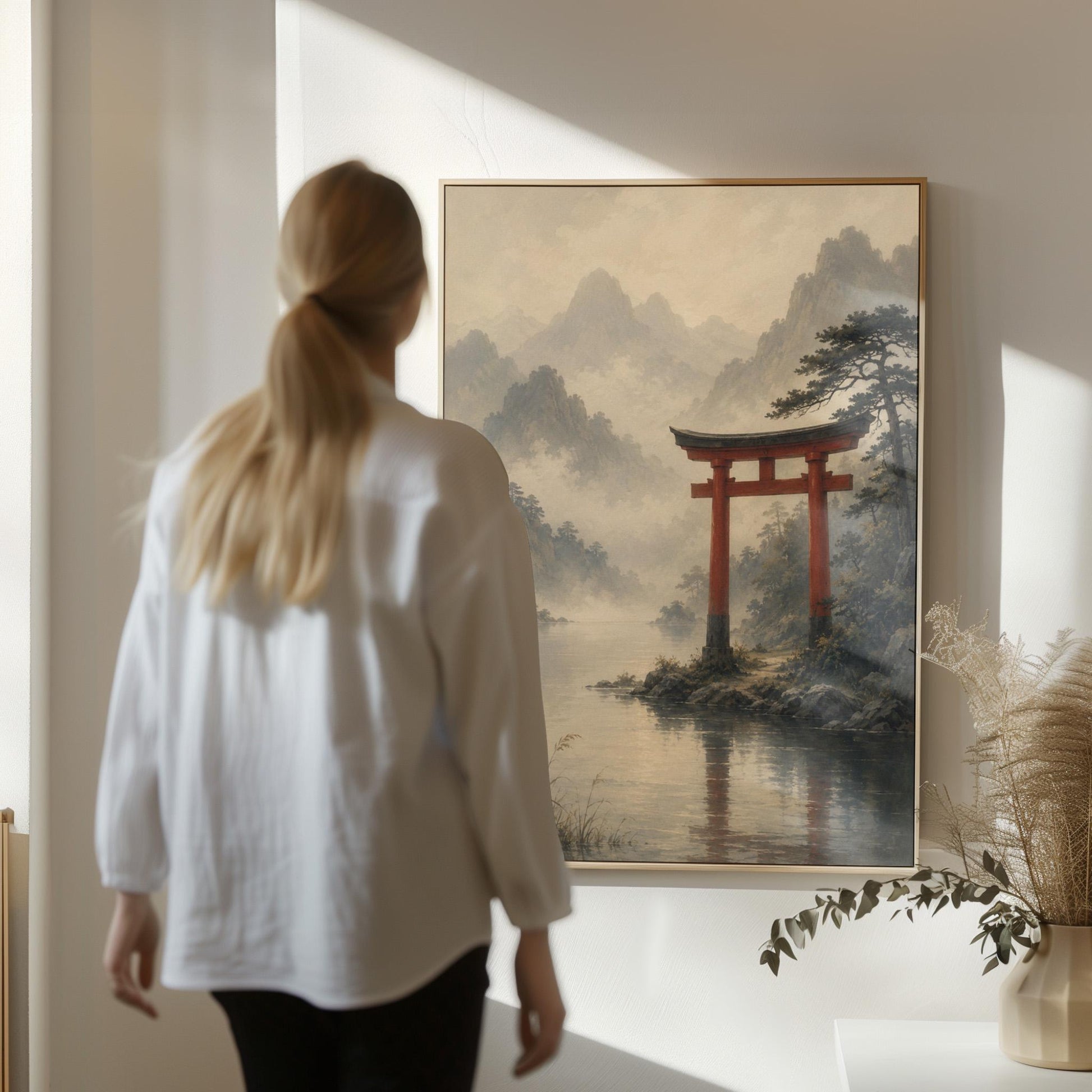 Red torii gate at the edge of a misty lake, canvas print shown to scale in a furnished room