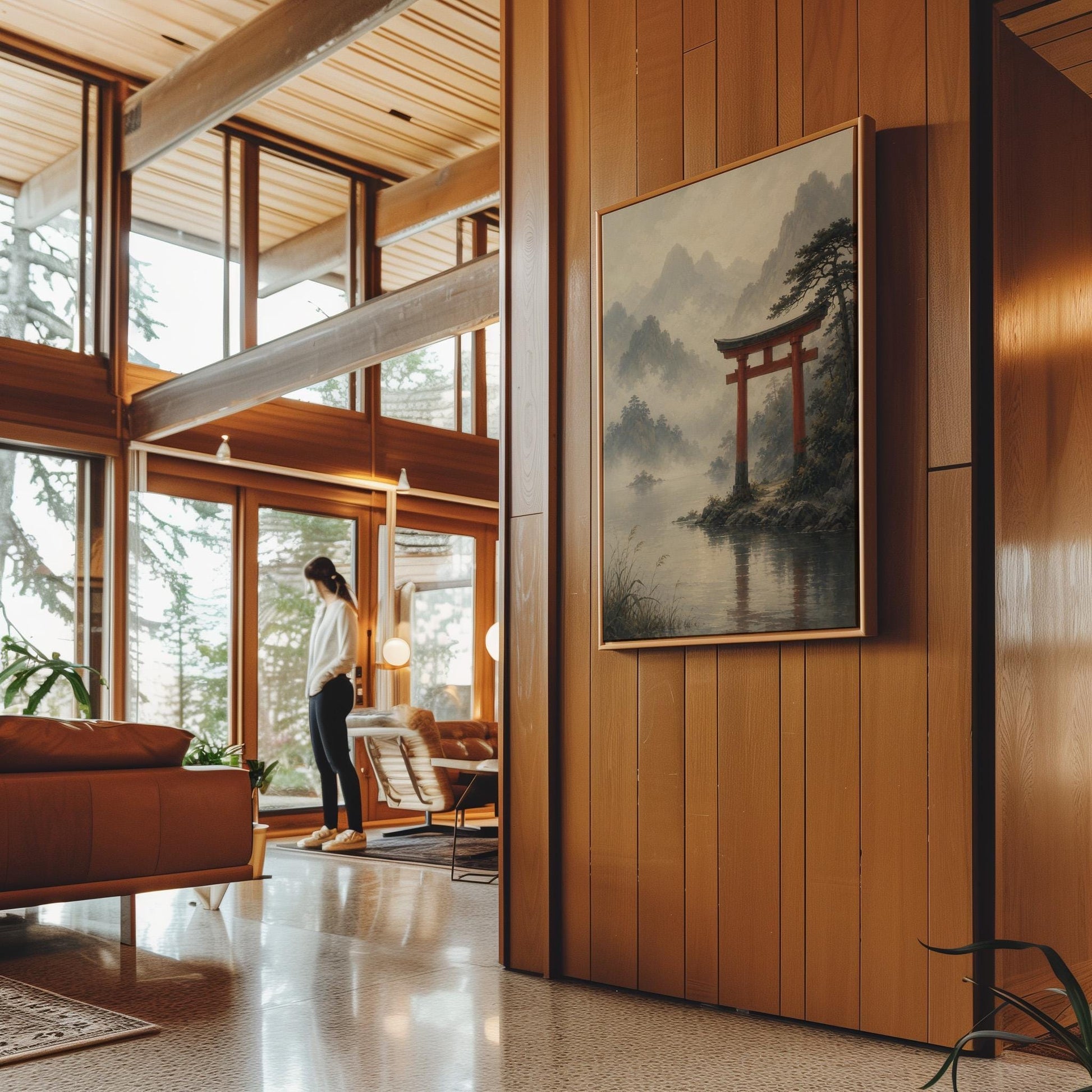 Red torii gate at the edge of a misty lake, canvas wall art hanging in a calm, modern living space
