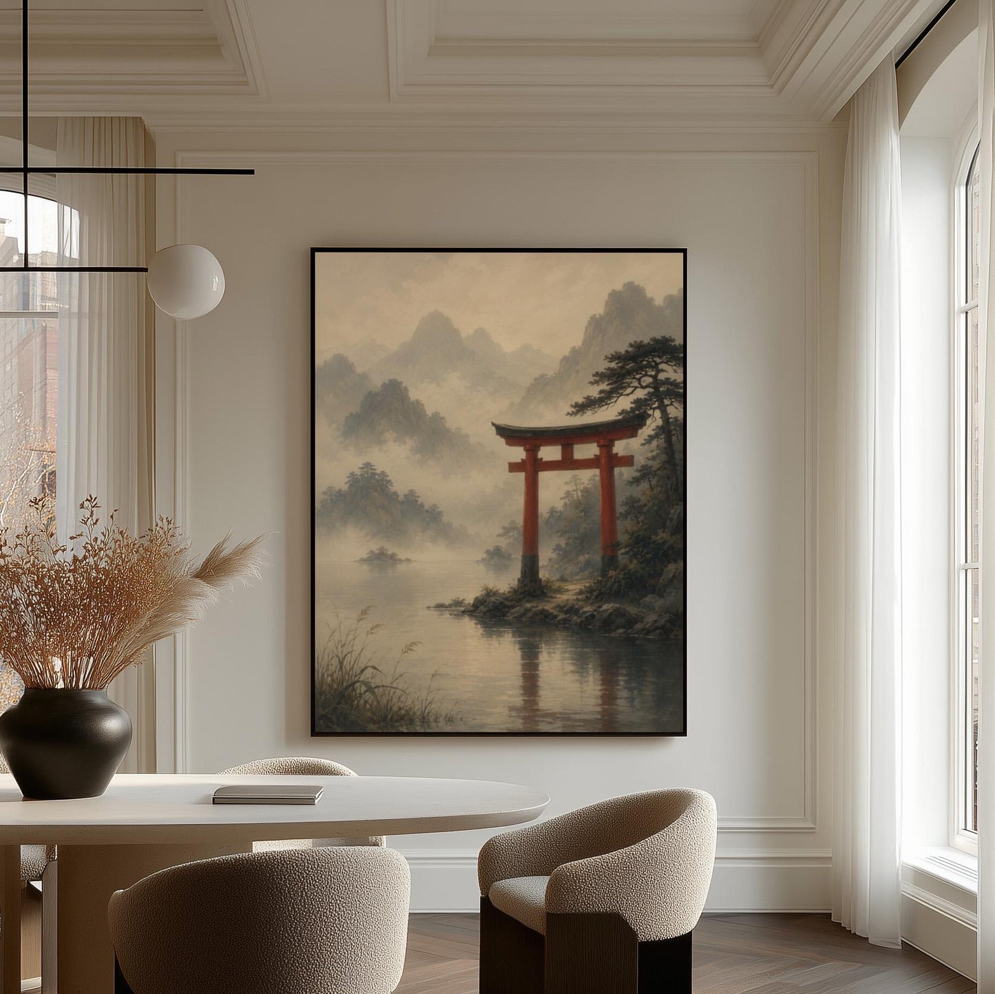 Red torii gate at the edge of a misty lake, canvas wall art styled against a soft white wall