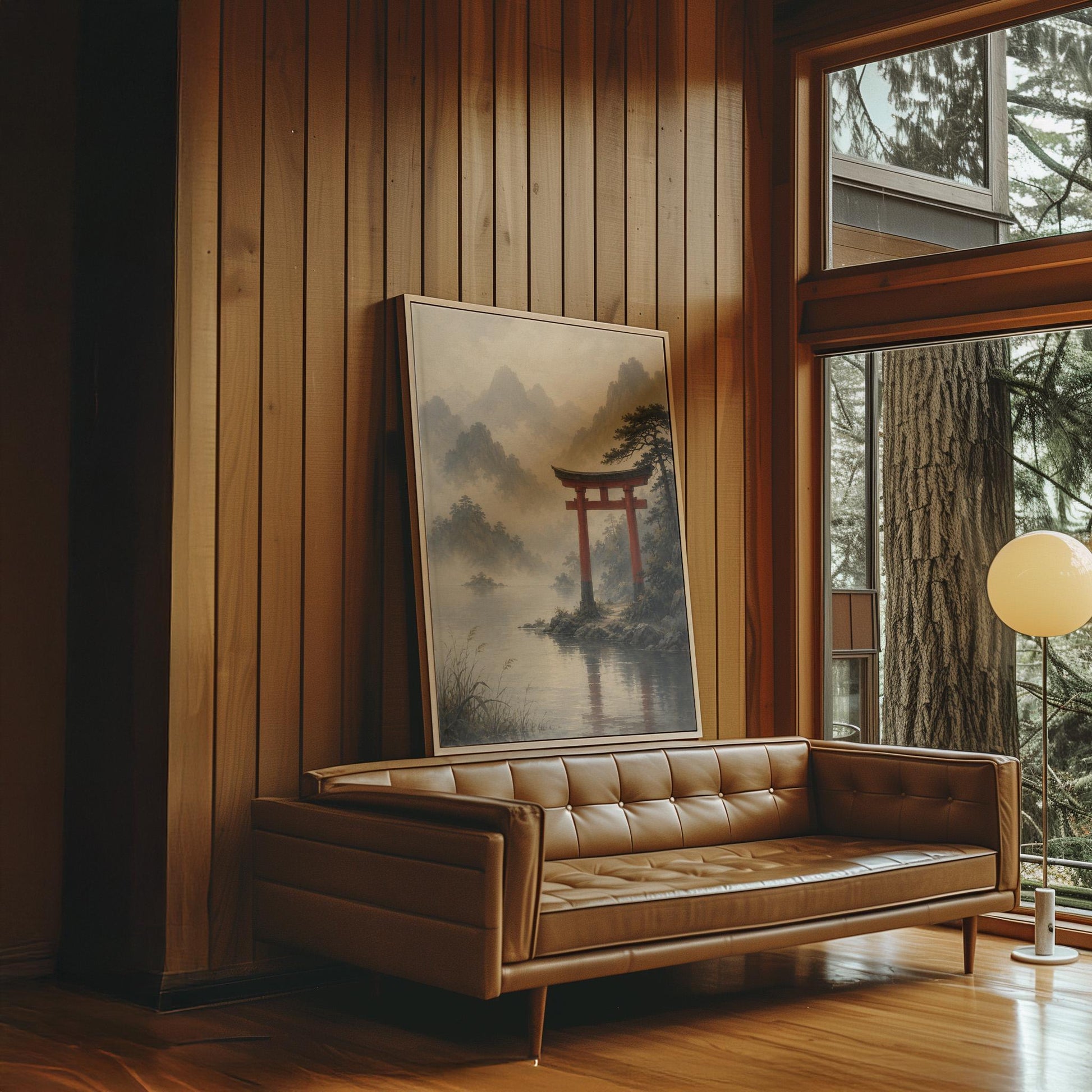 Red torii gate at the edge of a misty lake, canvas wall art seen in a warm interior with natural light