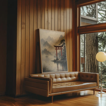 Red torii gate at the edge of a misty lake, canvas wall art seen in a warm interior with natural light