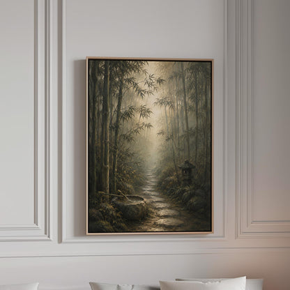 Stone path through a misty bamboo forest with a water basin, canvas print in a bright room with natural daylight
