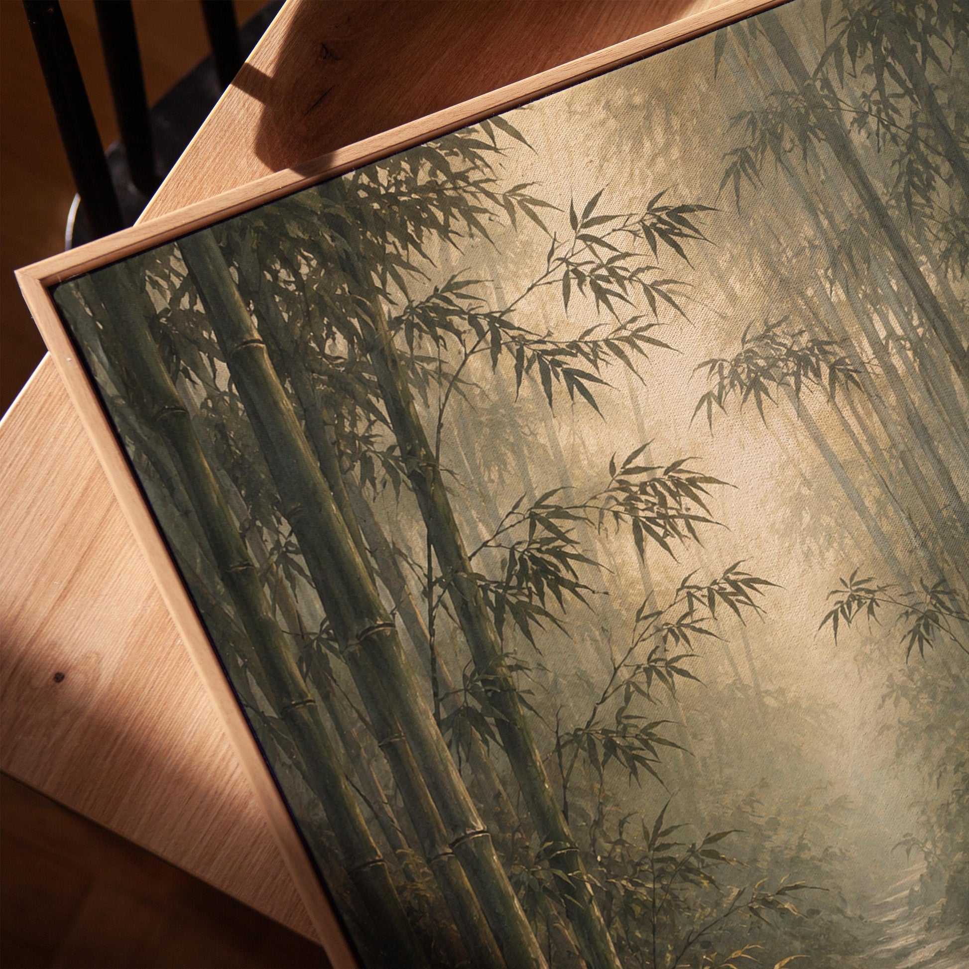 Stone path through a misty bamboo forest with a water basin, canvas print in a warm, minimally styled interior