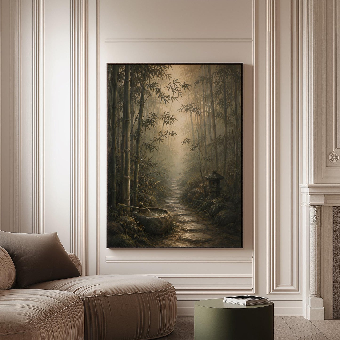 Stone path through a misty bamboo forest with a water basin, canvas print on a softly lit wall in a calm interior