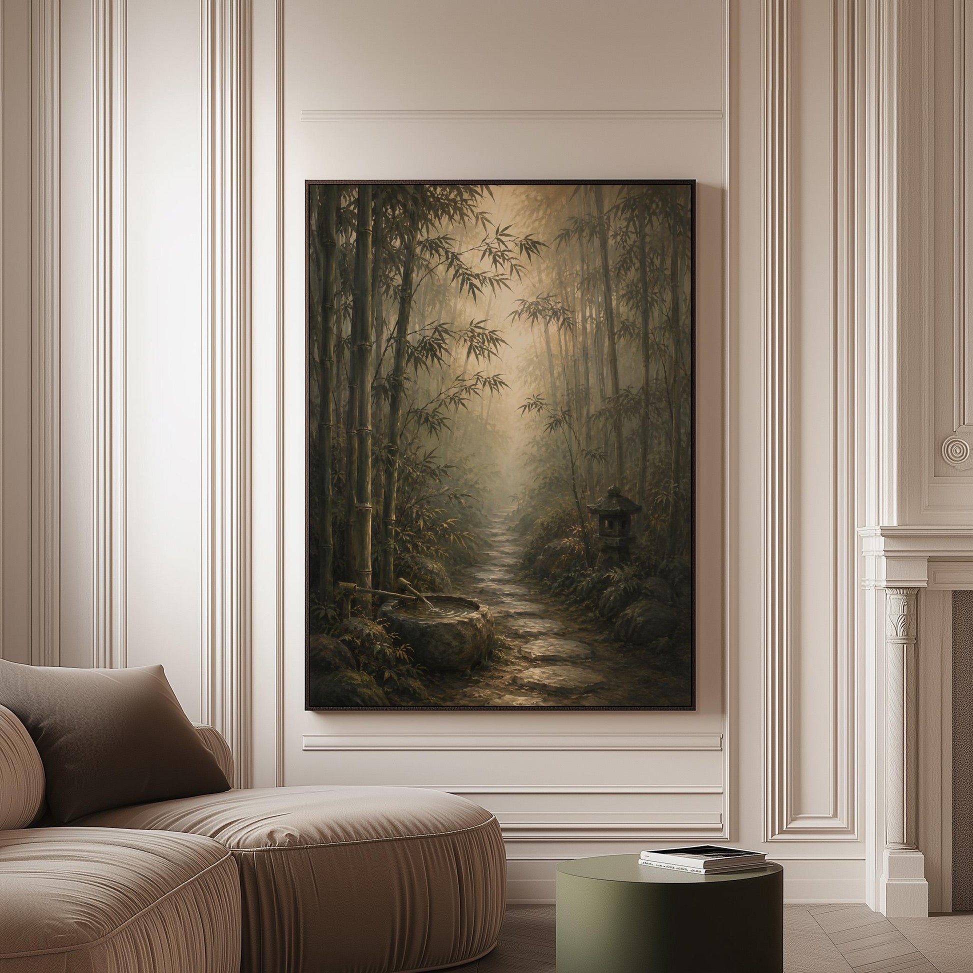 Stone path through a misty bamboo forest with a water basin, canvas print on a softly lit wall in a calm interior