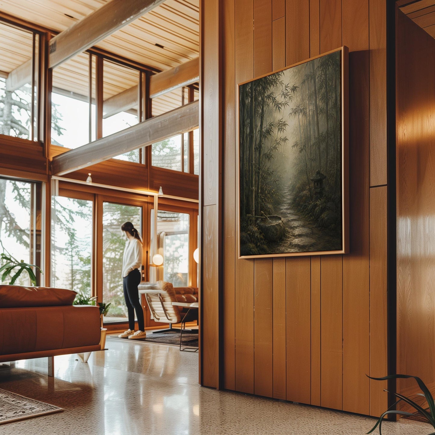Stone path through a misty bamboo forest with a water basin, canvas print seen in a warm interior with natural light