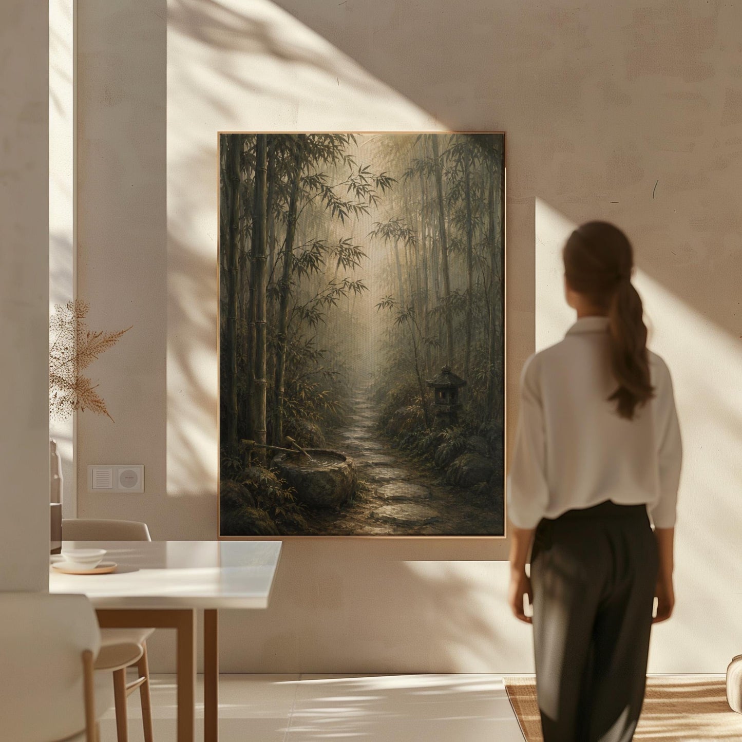 Stone path through a misty bamboo forest with a water basin, canvas print presented in a light, minimal room