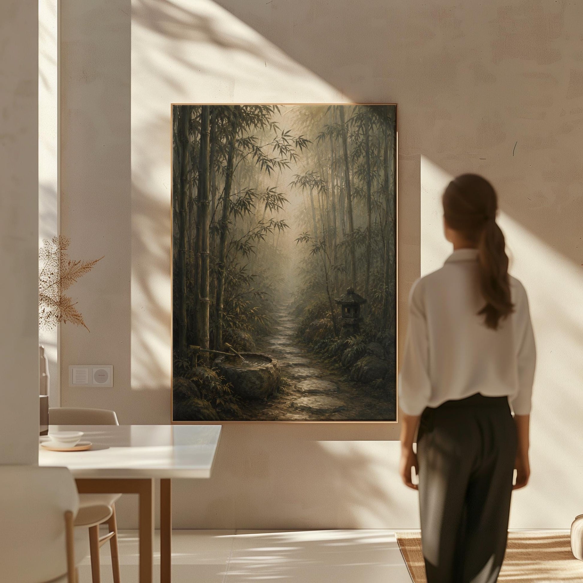 Stone path through a misty bamboo forest with a water basin, canvas print presented in a light, minimal room