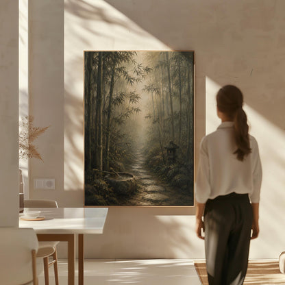 Stone path through a misty bamboo forest with a water basin, canvas print presented in a light, minimal room