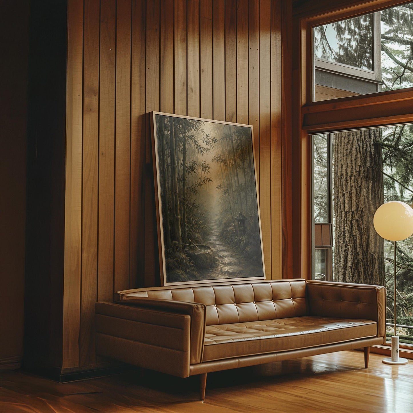 Stone path through a misty bamboo forest with a water basin, canvas print shown to scale in a furnished room