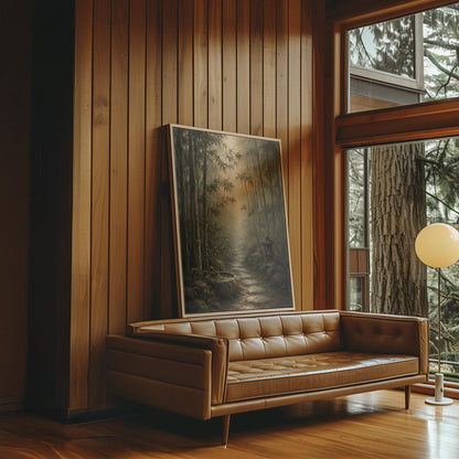 Stone path through a misty bamboo forest with a water basin, canvas print shown to scale in a furnished room