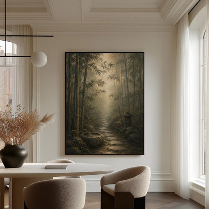 Stone path through a misty bamboo forest with a water basin, canvas print styled against a soft white wall