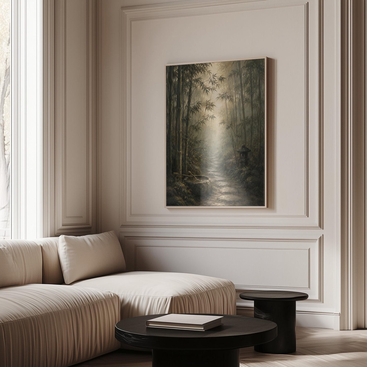 Stone path through a misty bamboo forest with a water basin, canvas wall art on a quiet wall in a considered interior