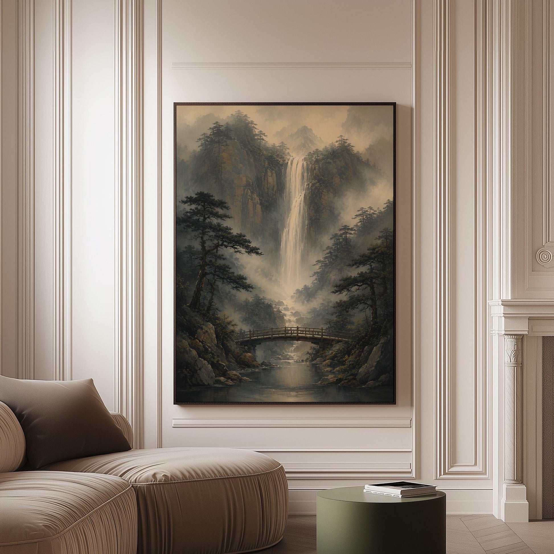 Tall waterfall and wooden bridge in a misty gorge, canvas print on a softly lit wall in a calm interior