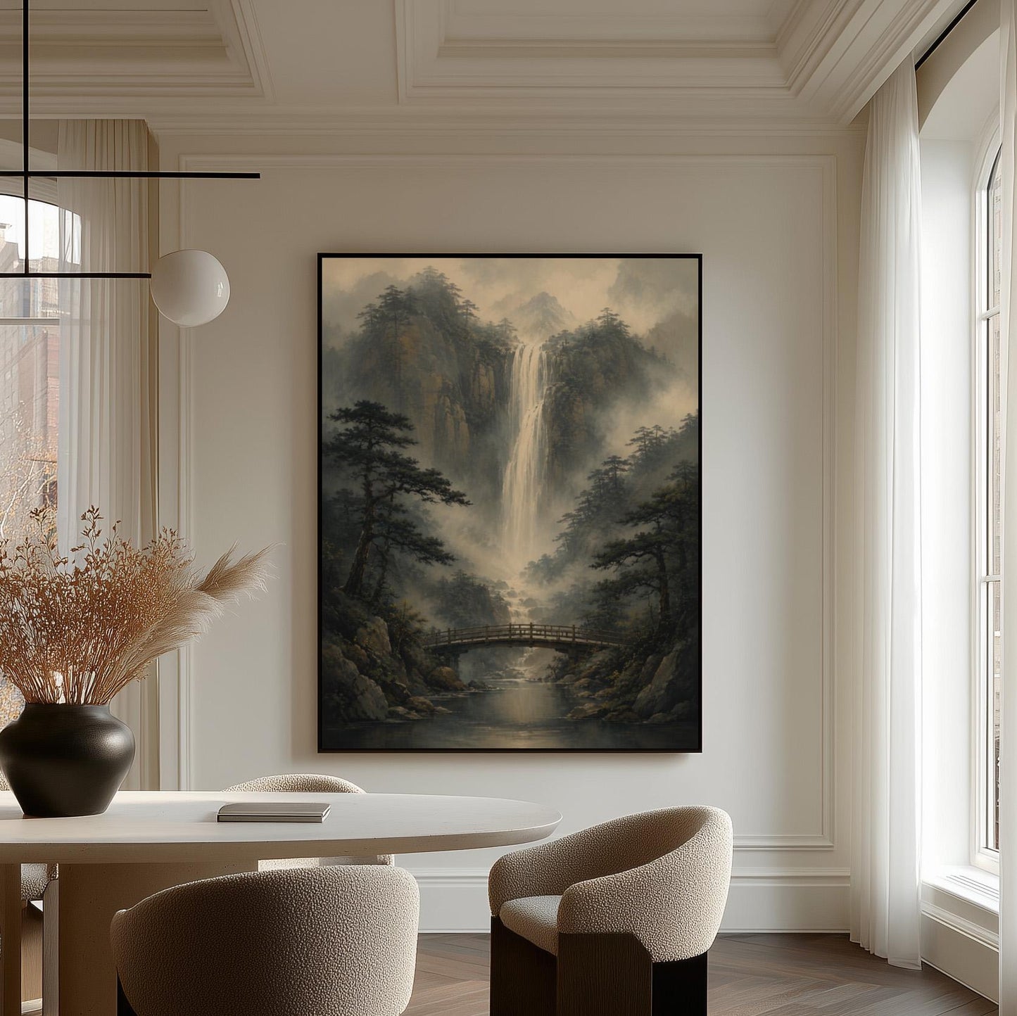 Tall waterfall and wooden bridge in a misty gorge, canvas print hanging in a calm, modern living space