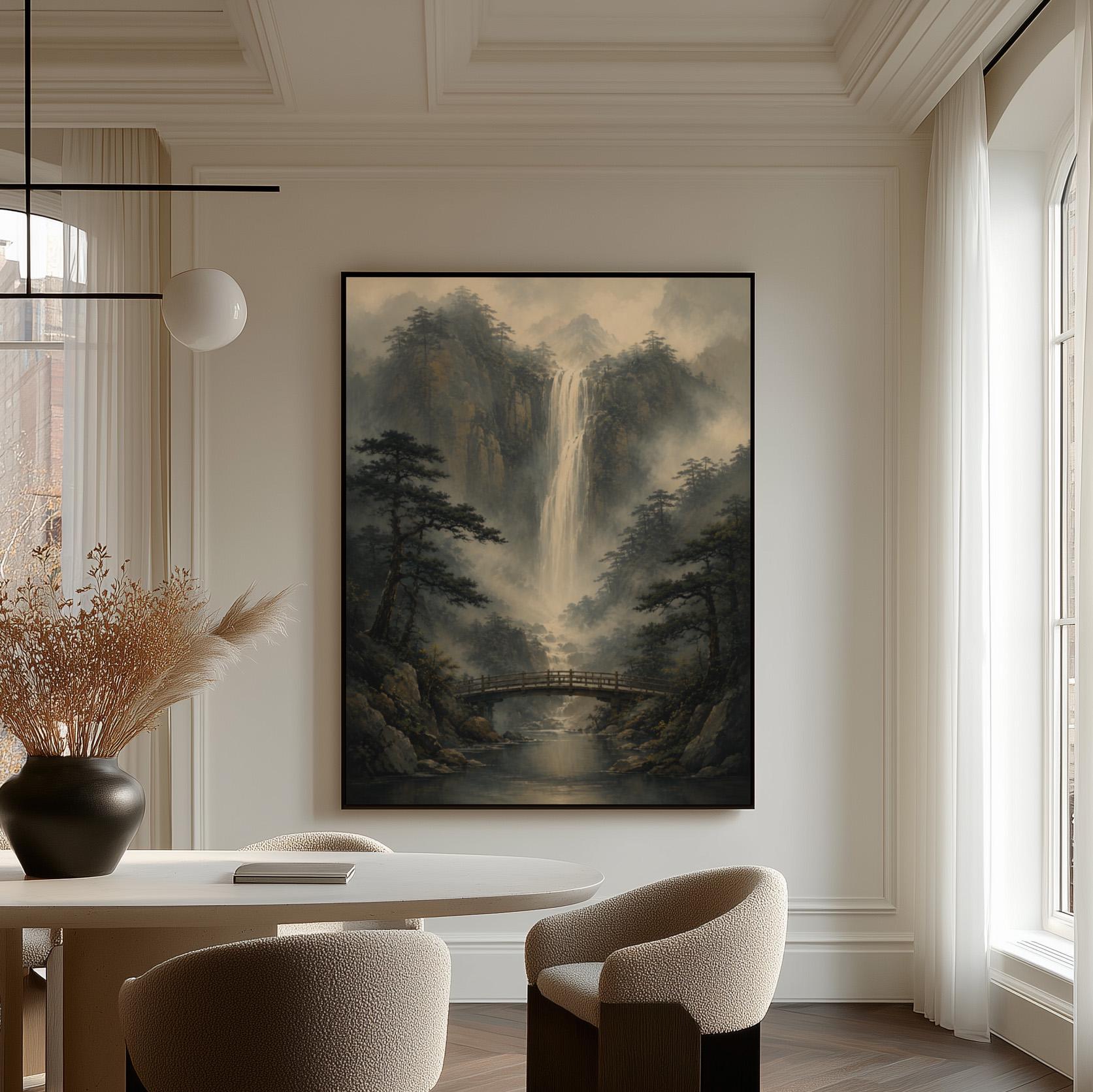 Tall waterfall and wooden bridge in a misty gorge, canvas print hanging in a calm, modern living space