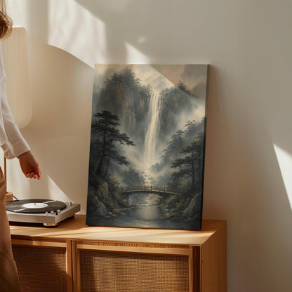 Tall waterfall and wooden bridge in a misty gorge, canvas print on a quiet wall in a considered interior