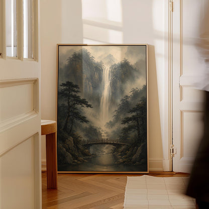 Tall waterfall and wooden bridge in a misty gorge, canvas print shown in a sunlit, contemporary room