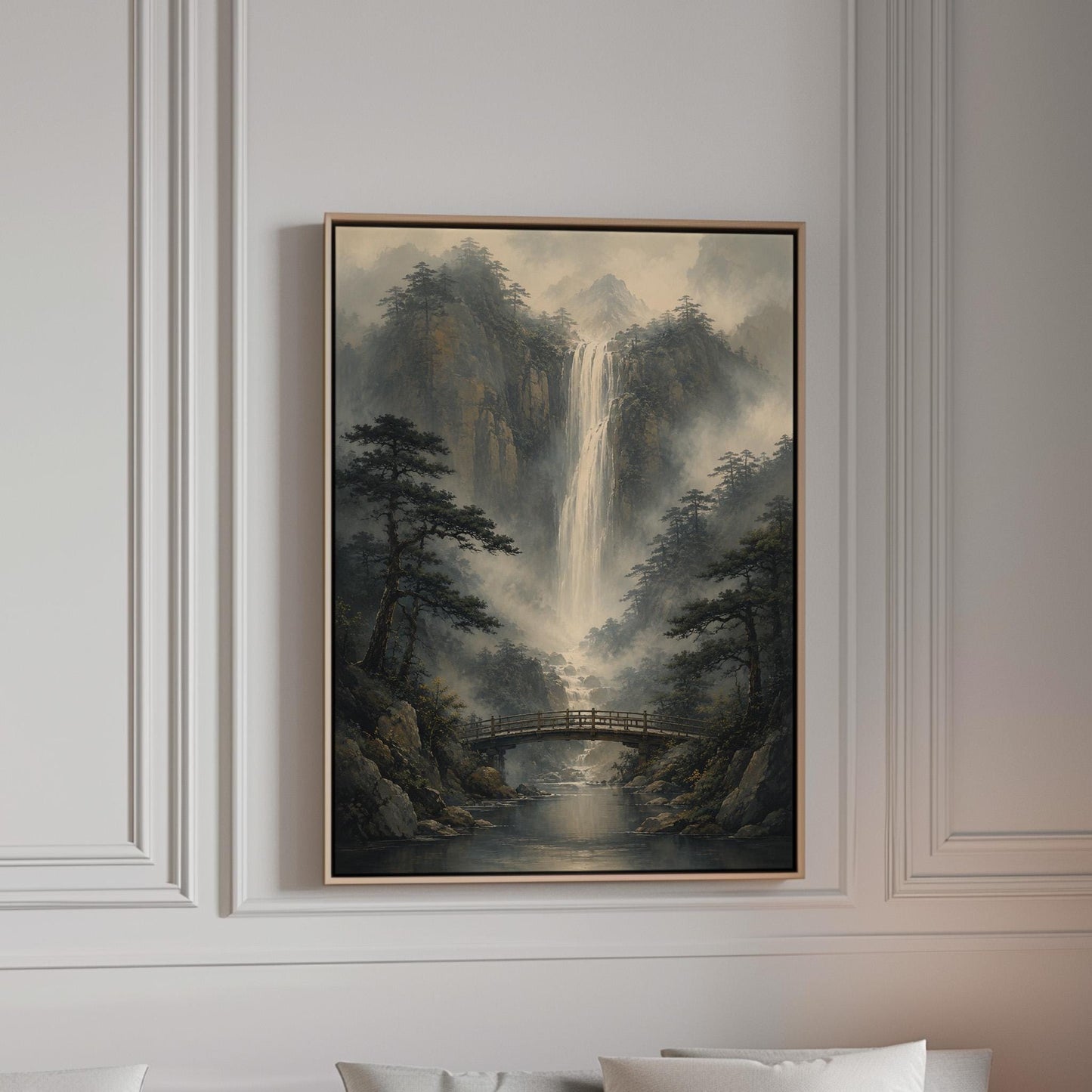 Tall waterfall and wooden bridge in a misty gorge, canvas print in a bright room with natural daylight