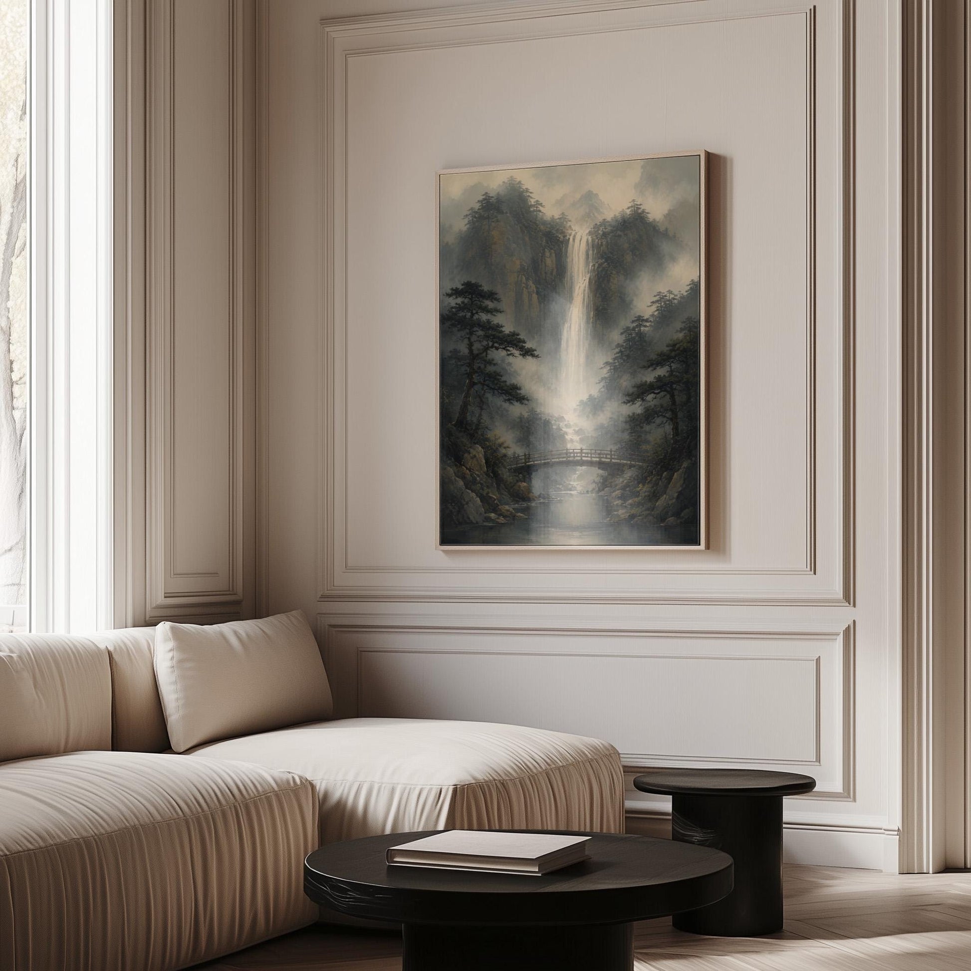 Tall waterfall and wooden bridge in a misty gorge, canvas wall art on a quiet wall in a considered interior