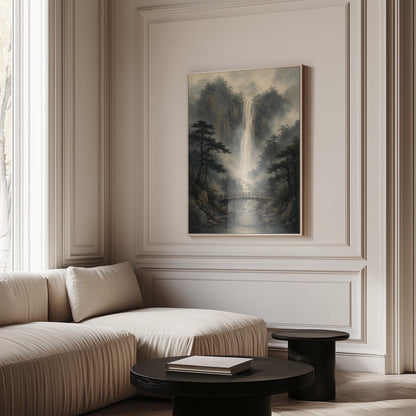 Tall waterfall and wooden bridge in a misty gorge, canvas wall art on a quiet wall in a considered interior