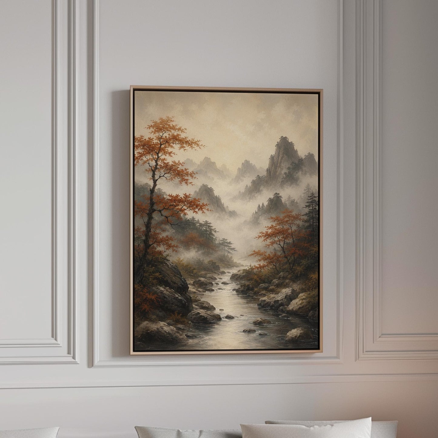 Autumn maples along a misty mountain stream, canvas print in a bright room with natural daylight