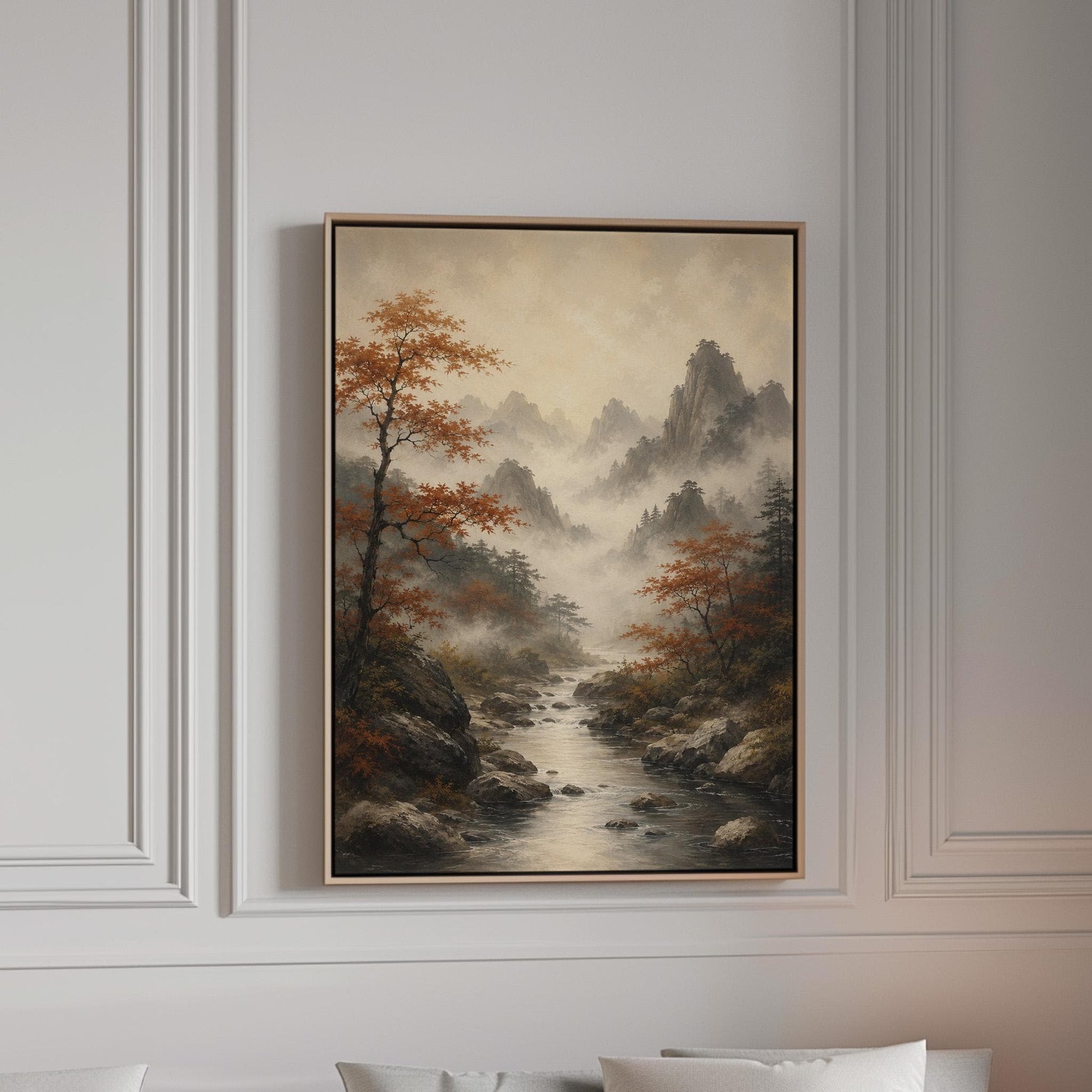 Autumn maples along a misty mountain stream, canvas print in a bright room with natural daylight