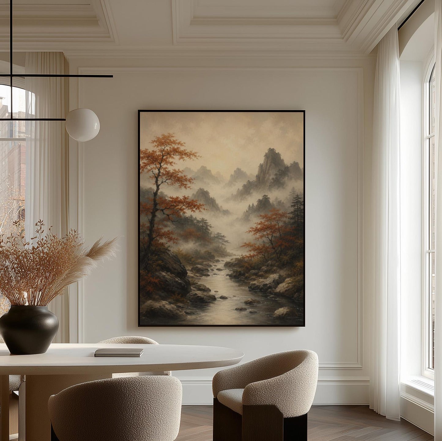 Autumn maples along a misty mountain stream, canvas print shown to scale in a furnished room