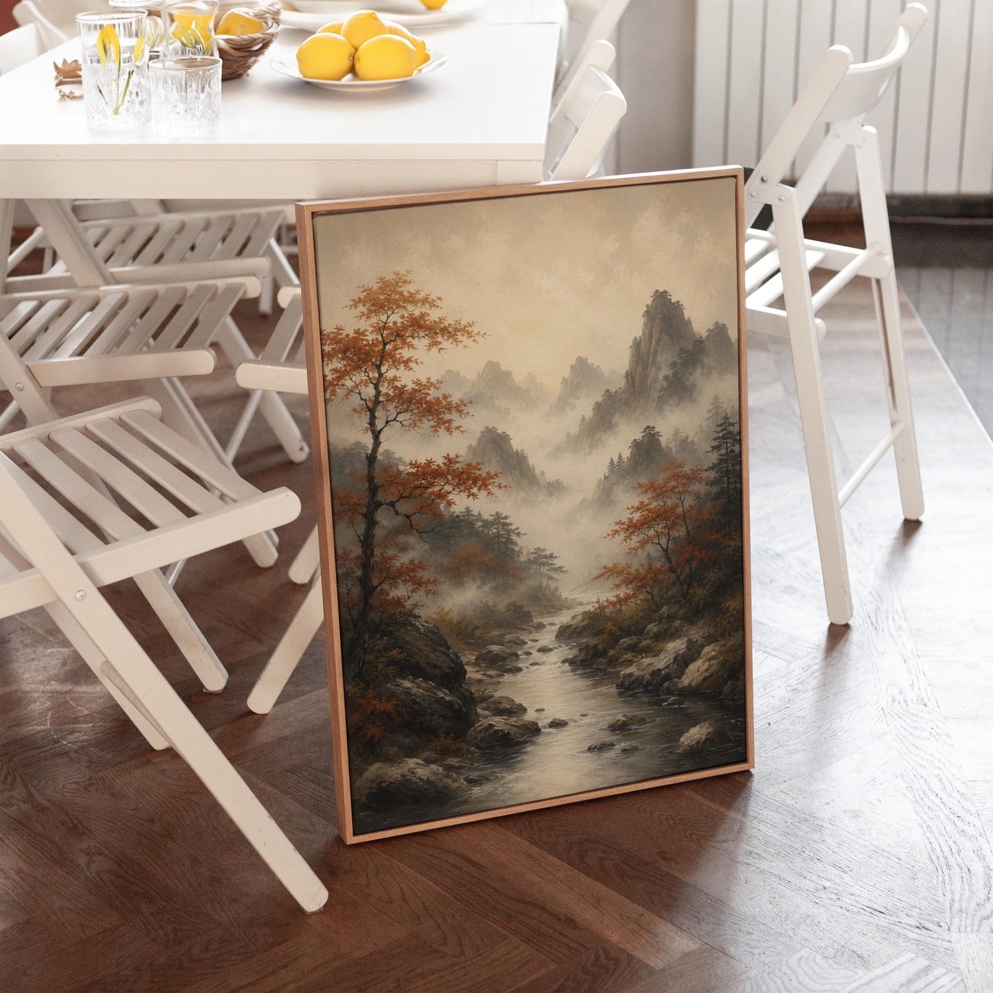 Autumn maples along a misty mountain stream, canvas print shown in a sunlit, contemporary room