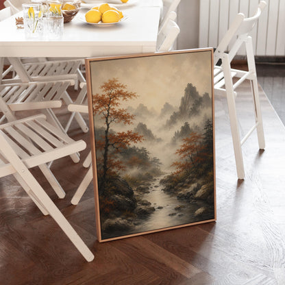 Autumn maples along a misty mountain stream, canvas print shown in a sunlit, contemporary room