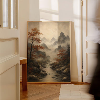 Autumn maples along a misty mountain stream, canvas wall art hanging in a calm, modern living space