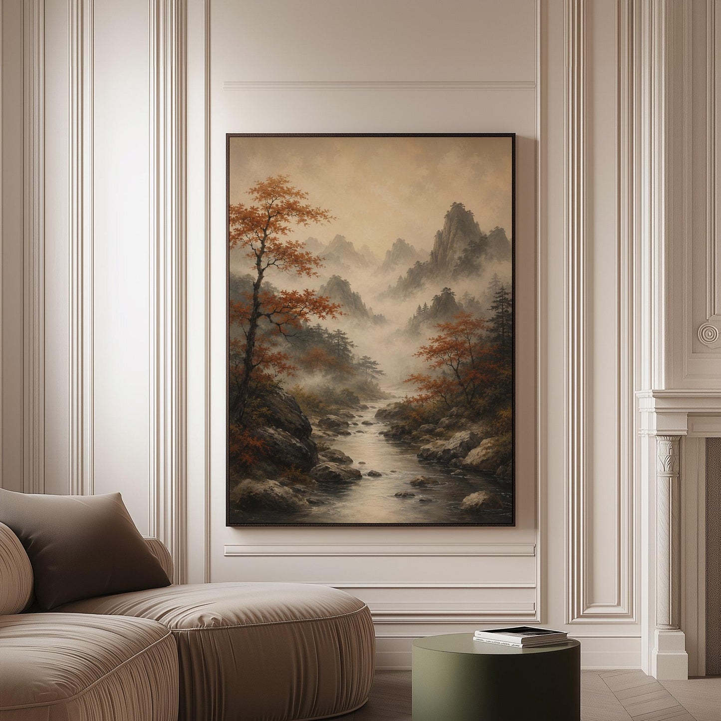 Autumn maples along a misty mountain stream, canvas print on a softly lit wall in a calm interior