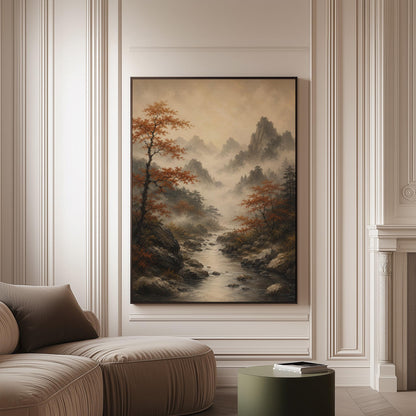 Autumn maples along a misty mountain stream, canvas print on a softly lit wall in a calm interior
