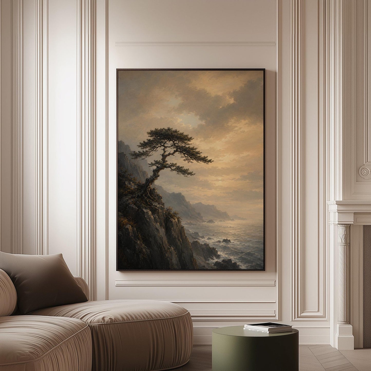 Lone pine on a sea cliff above a restless ocean, canvas print on a softly lit wall in a calm interior