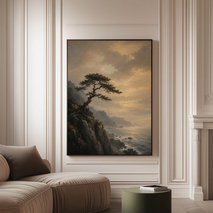 Lone pine on a sea cliff above a restless ocean, canvas print on a softly lit wall in a calm interior