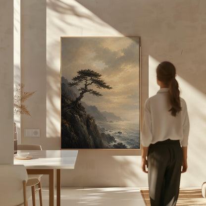 Lone pine on a sea cliff above a restless ocean, canvas print styled against a soft white wall